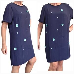 Boden Dress Fringed Embroidered Flowers Navy Blue sz 18 Knee Length